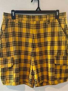 Yellow Plaid Cargo Shorts with Strap